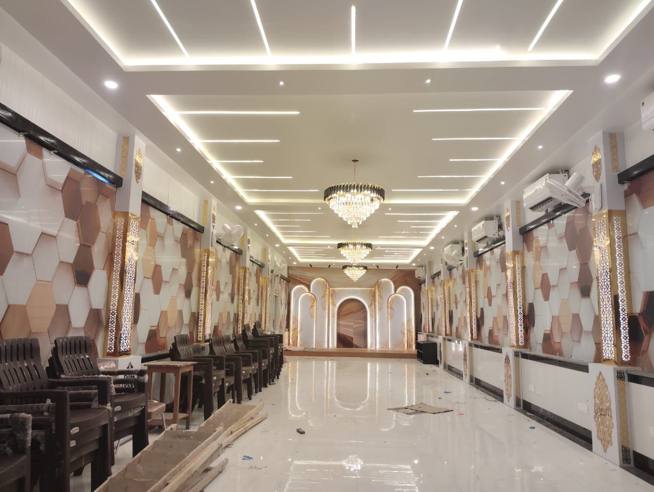 Hall with hexagon feature walls